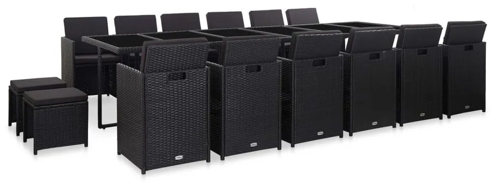 vidaXL 17 pcs conjunto jantar exterior com almofadões vime PE preto