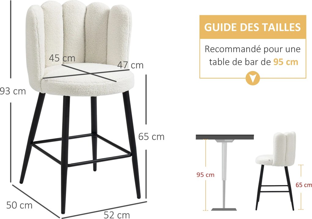 Conjunto de 2 cadeiras altas de bar com apoio para os pés, em aço e tecido com efeito de lã felpuda, altura 65 cm, creme e preto