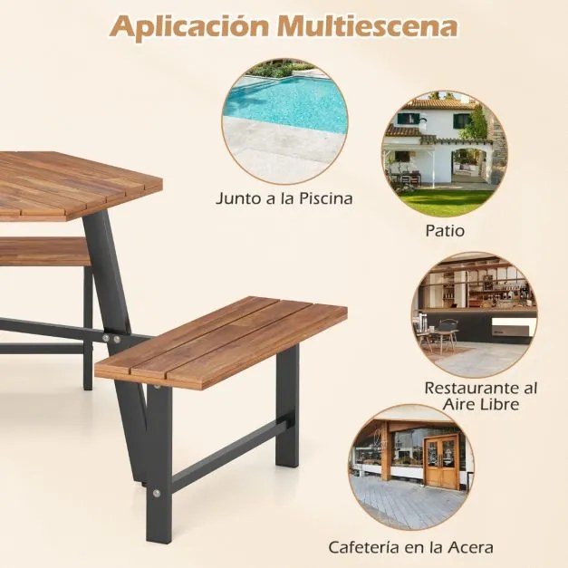 Conjunto de mesa e bancos para 6 pessoas em madeira de acácia com 3 assentos, orifício para guarda-sol e estrutura metálica castanha e preta