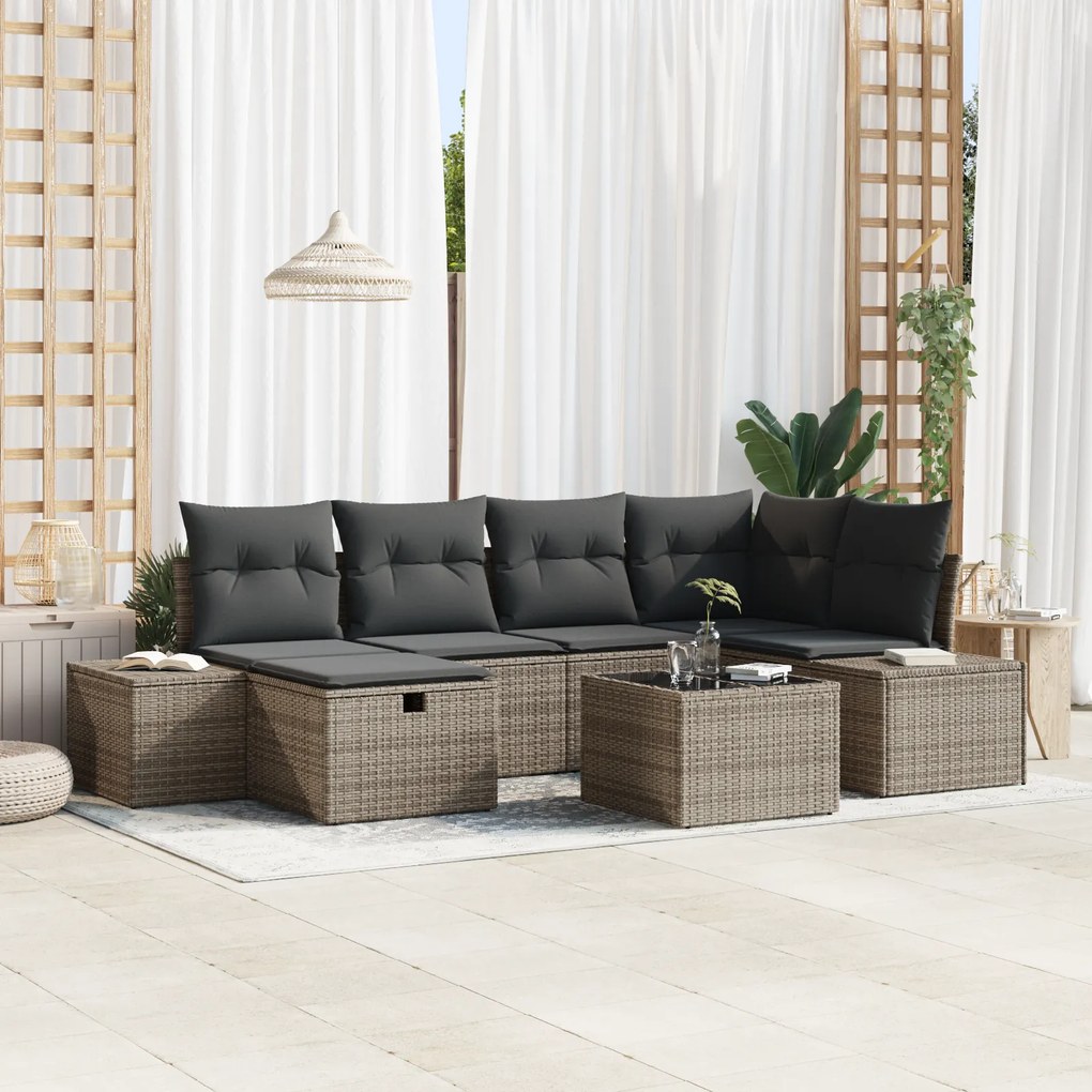 Conjunto de Sofás de Jardim de 7 Peças com Almofadas Cinza Rattan PE