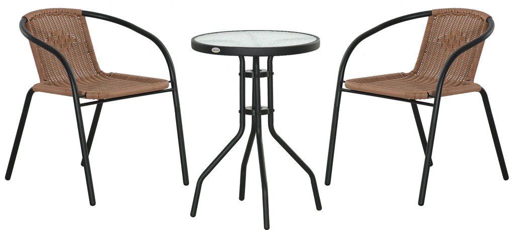 Outsunny Conjunto de 3 Peças de Vime para Jardim com 2 Cadeiras Empilháveis e 1 Mesa de Centro Redonda com Tampo de Vidro Marróm