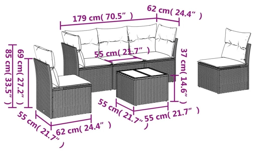 6 pcs conj. sofás jardim com almofadões vime PE cinzento-claro