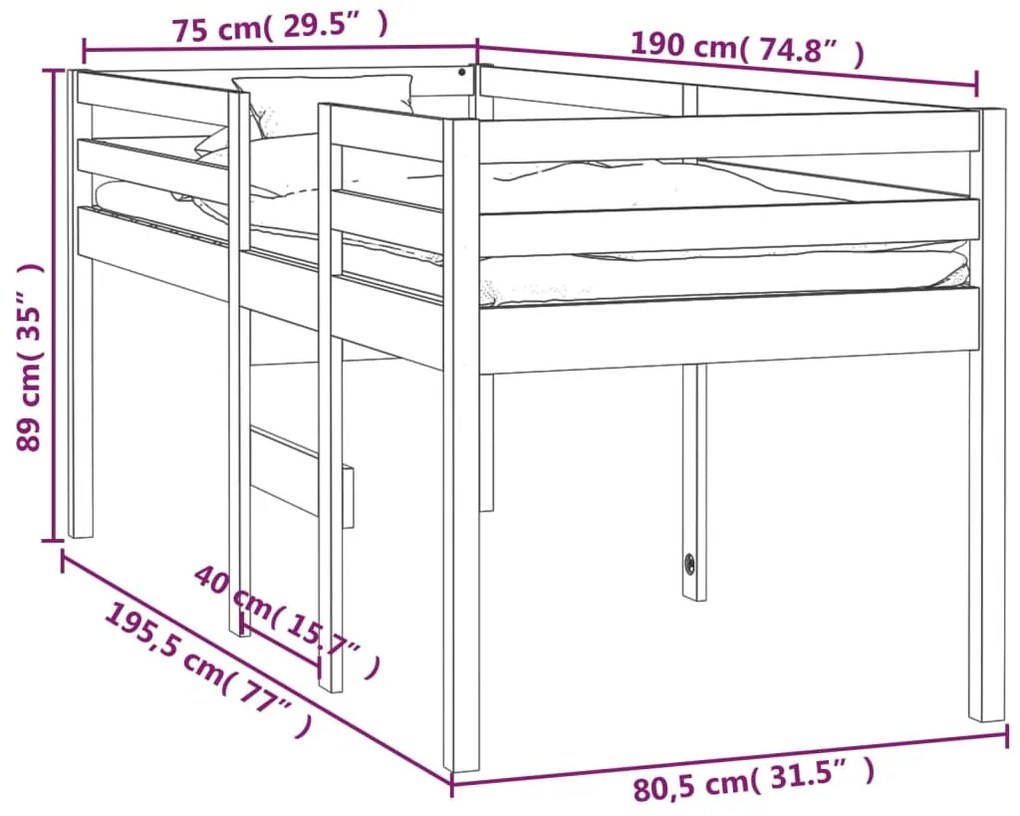 Cama alta 75x190 cm madeira de pinho maciça