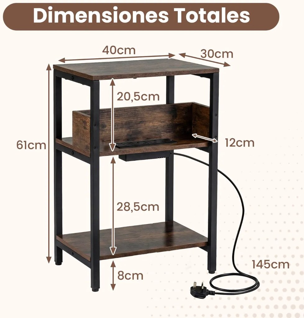 Conjunto de 2 mesas apoio, mesas cabeçeira 40 x 30 x 61 cm com estação de carregamento USB e tomadas cor café