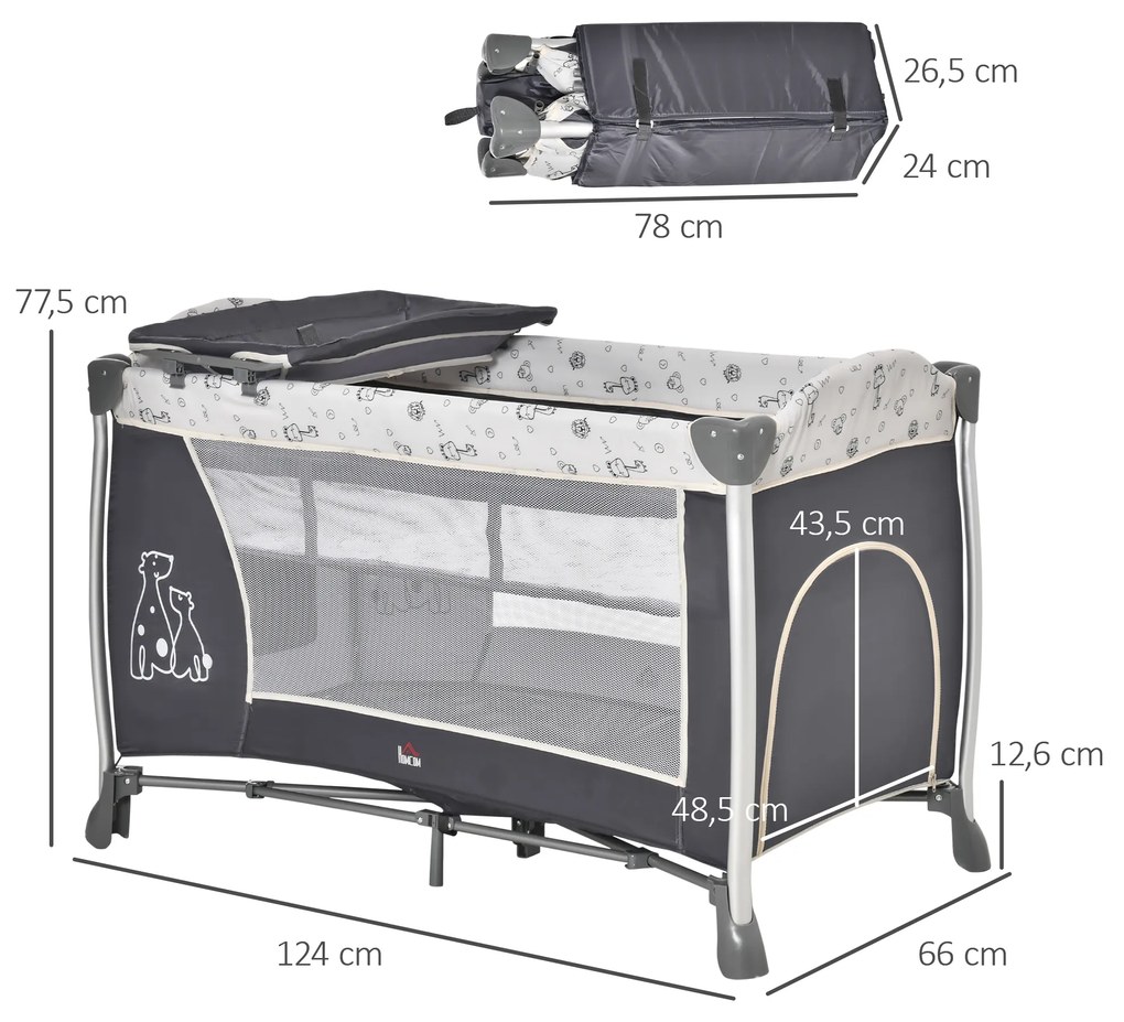 Berço de Viagem Dobrável para Bebés e Crianças até 15kg com 2 Rodas e Bolso Lateral Berço Portátil 124x66x77,5cm Cinza