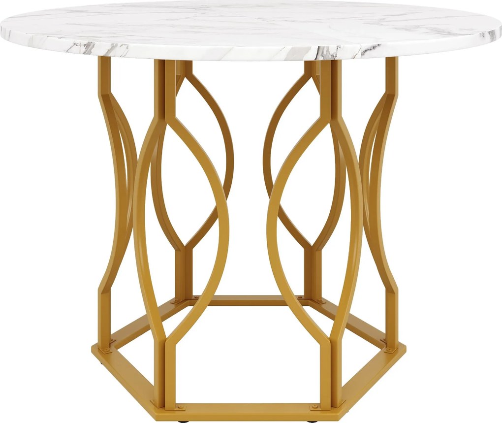 Mesa de jantar redonda para 4 pessoas, mesa de cozinha com tampo em MDF e pés metálicos, 100x100x76 cm, Branco+Ouro
