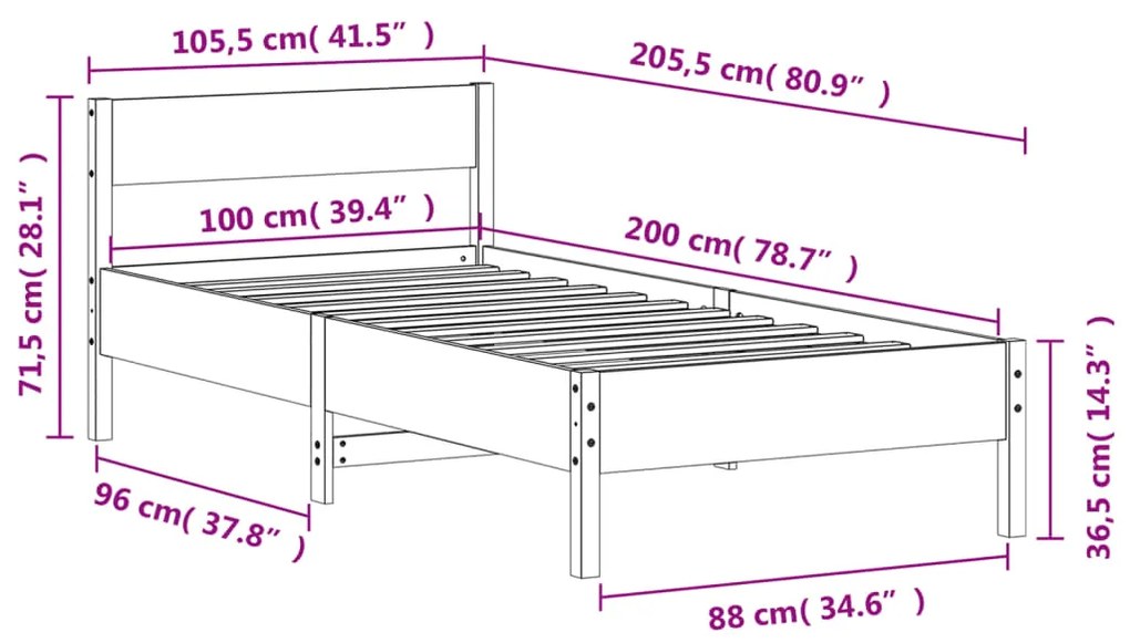 Estrutura cama c/ cabeceira 100x200cm pinho maciço castanho-mel