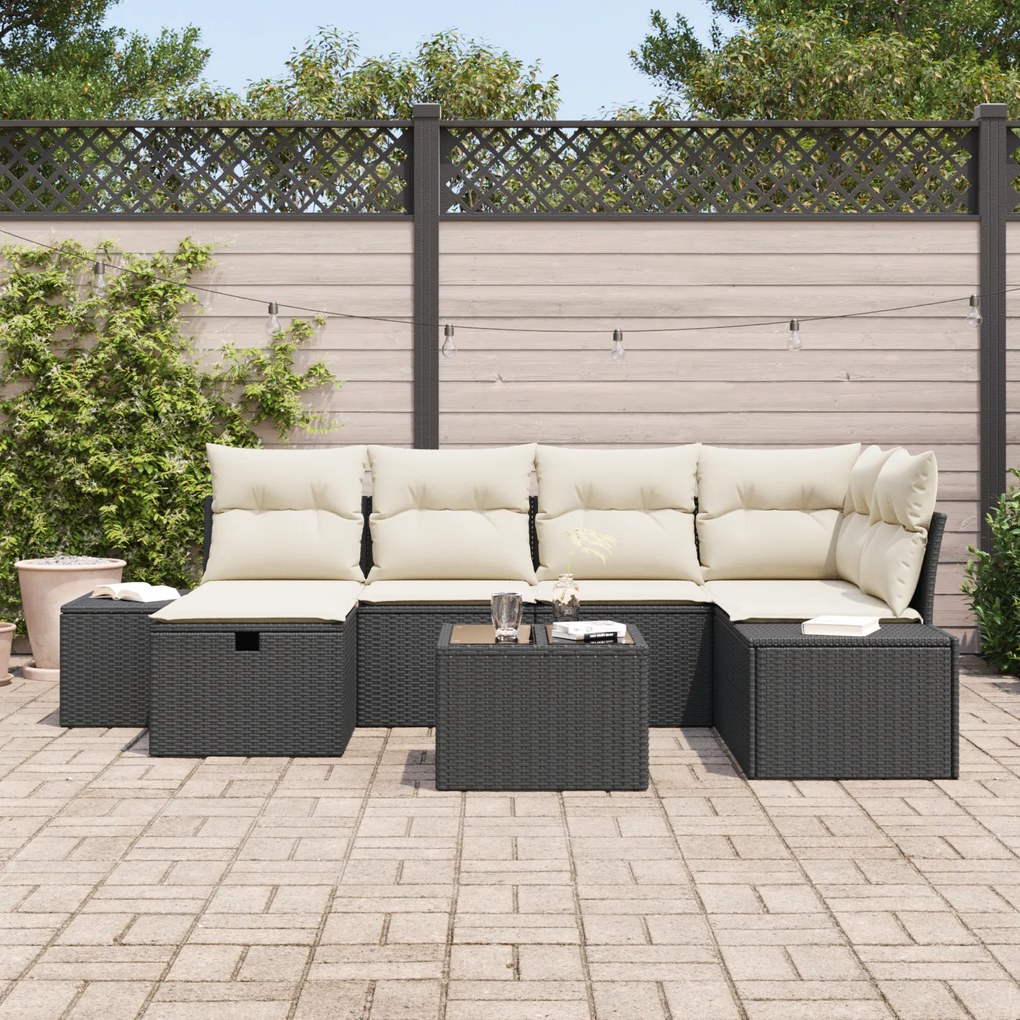Conjunto de Sofás de Jardim com Almofadas de 7 Peças Preto de Rattan S