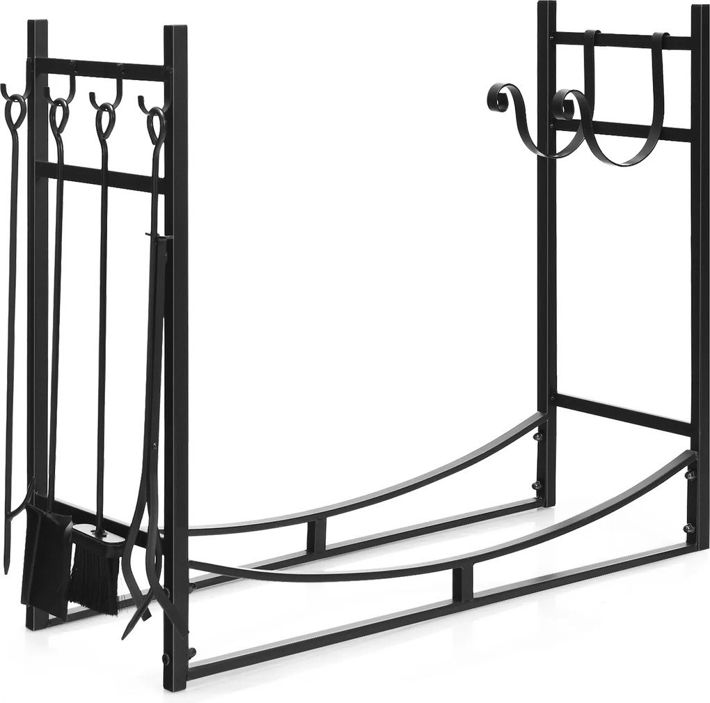Suporte para Lenha com Ferramentas de Lareira, 85 x 33 x 77 cm, Capacidade de Carga de 80 kg, Preto