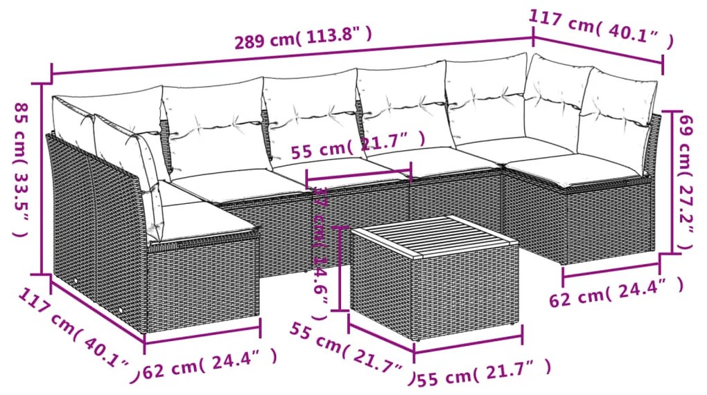 8 pcs conjunto sofás p/ jardim c/ almofadões vime PE cinzento