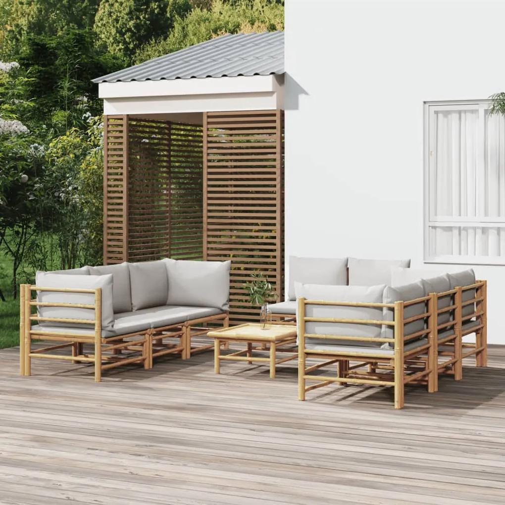 9 pcs conj. lounge de jardim bambu c/ almofadões cinzento-claro