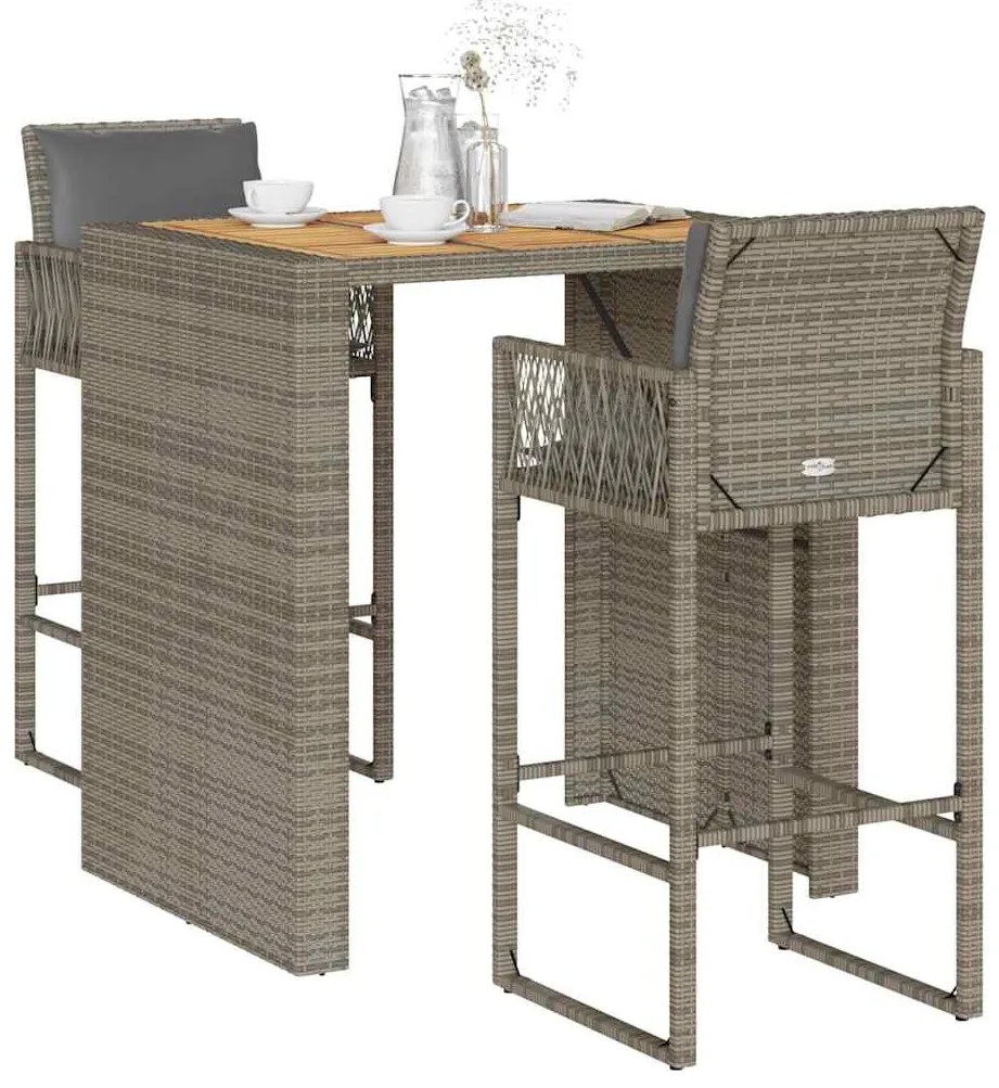 3 pcs conj. de bar jardim c/ almofadões vime PE/acácia cinzento