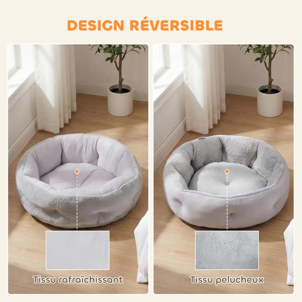 Cama reversível para gatos 62 C x 62 L x 21 A cm, cama para gatos de interior e cães de pequeno porte, cama redonda com rebordo de apoio, cinzento cla