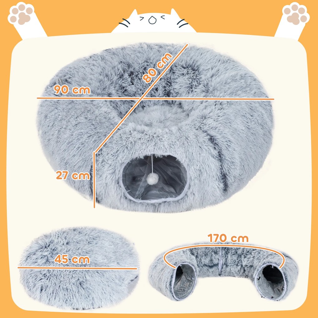 Túnel para gatos 90 x 80 x 27 cm de interior com cama para gatos em forma de donut, almofada circular lavável, cinzento claro