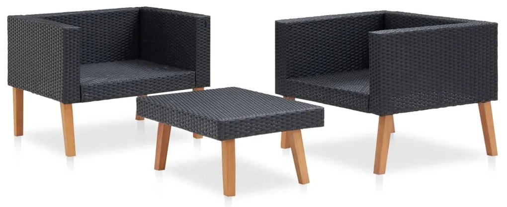 3 pcs conjunto lounge para jardim c/ almofadões vime PE preto