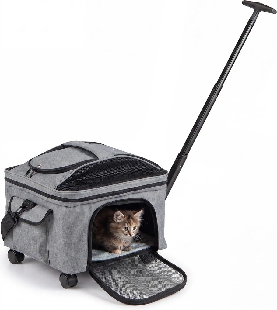 Transportadora para Animais de Estimação com Rodas, 33 x 43 x 35 cm, Dobrável com Pega Telescópica, Cinzento