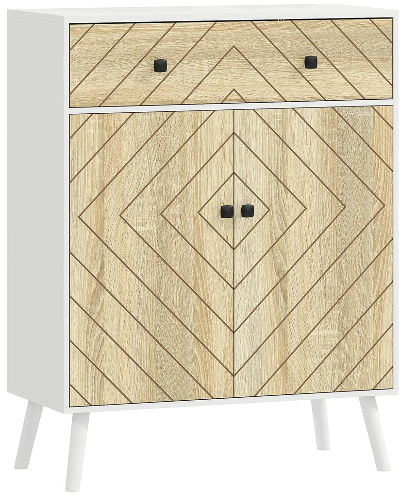 Sapateira de 2 Portas com Design em Espiga Prateleiras Ajustáveis Gaveta para 12 Pares de Sapatos 75x35x97 cm, Branco e Madeira