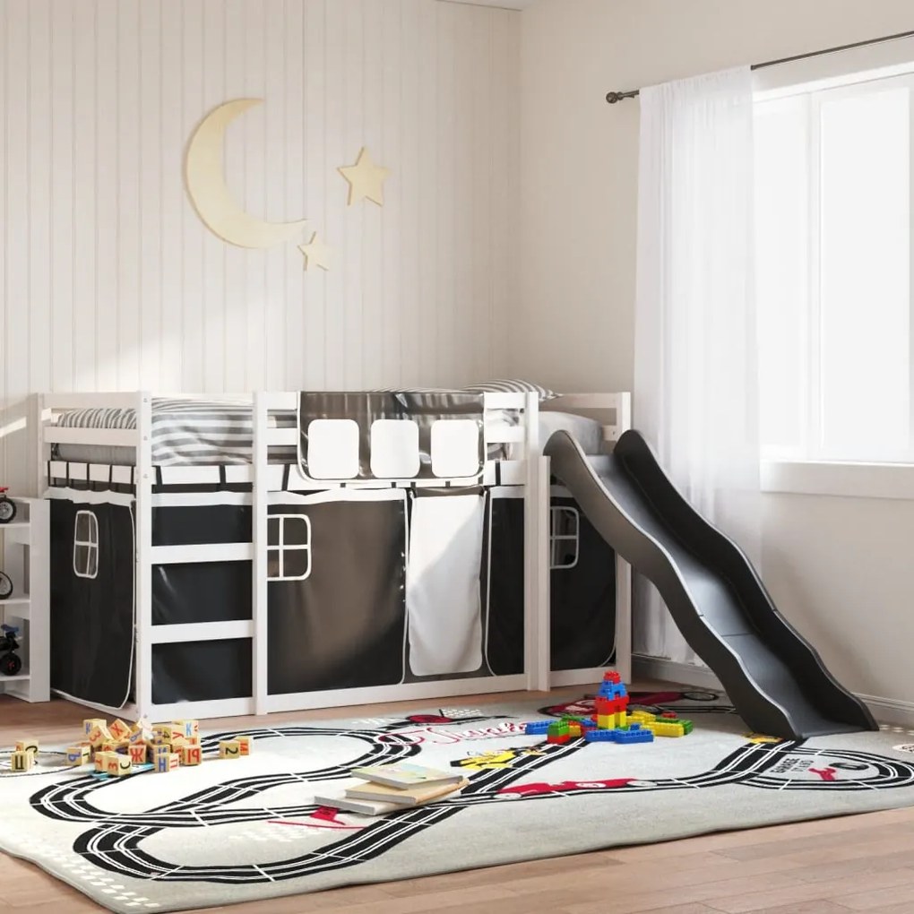 vidaXL Beliche com escorrega e cortinas 80x200 cm branco e preto