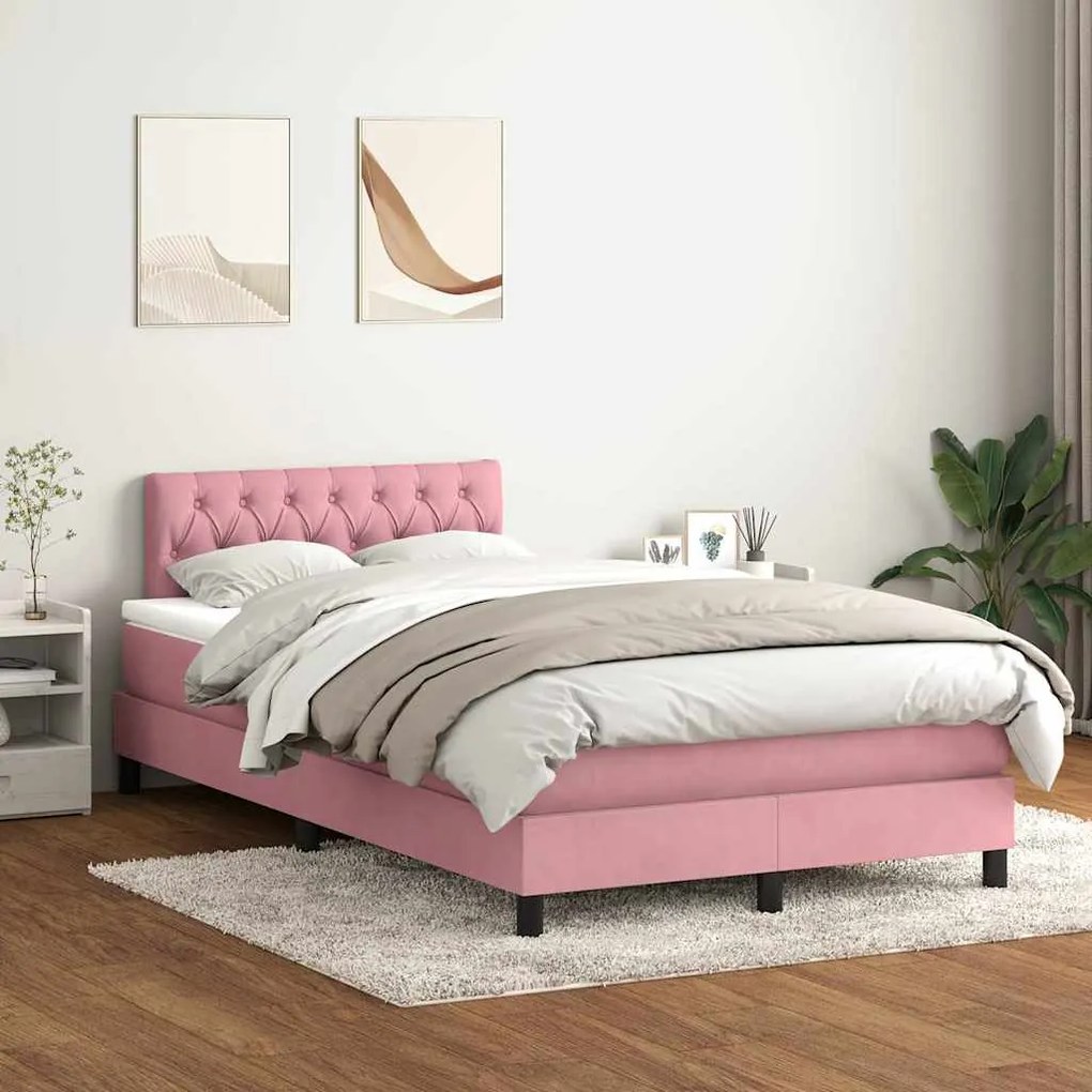 vidaXL Cama box spring c/ colchão e LED 120x220 cm veludo rosa