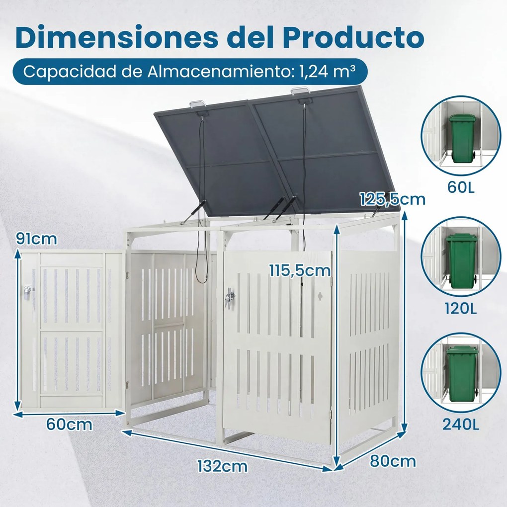 Abrigo para 2 Contentores do Lixo (NÃO INCLUIDOS), 132 x 80 x 125,5 cm, Com Fechadura, Branco
