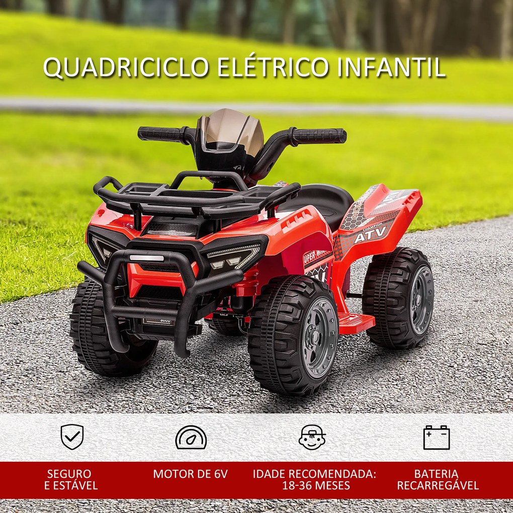Moto 4 Elétrico para Crianças Veículo Elétrico a Bateria 6V Infantil com Velocidade 2km/h 70x42x45 cm Vermelho