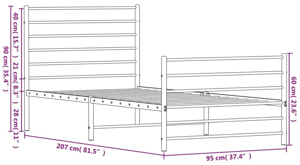 Estrutura de cama com cabeceira e pés 90x200 cm metal preto
