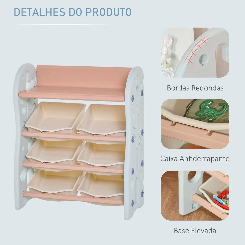 Organizador de Brinquedos para crianças tipo Estante Infantil com 6 Caixas para quarto Sala de Jogos Creche 76x36x92cm Creme Coral Azul