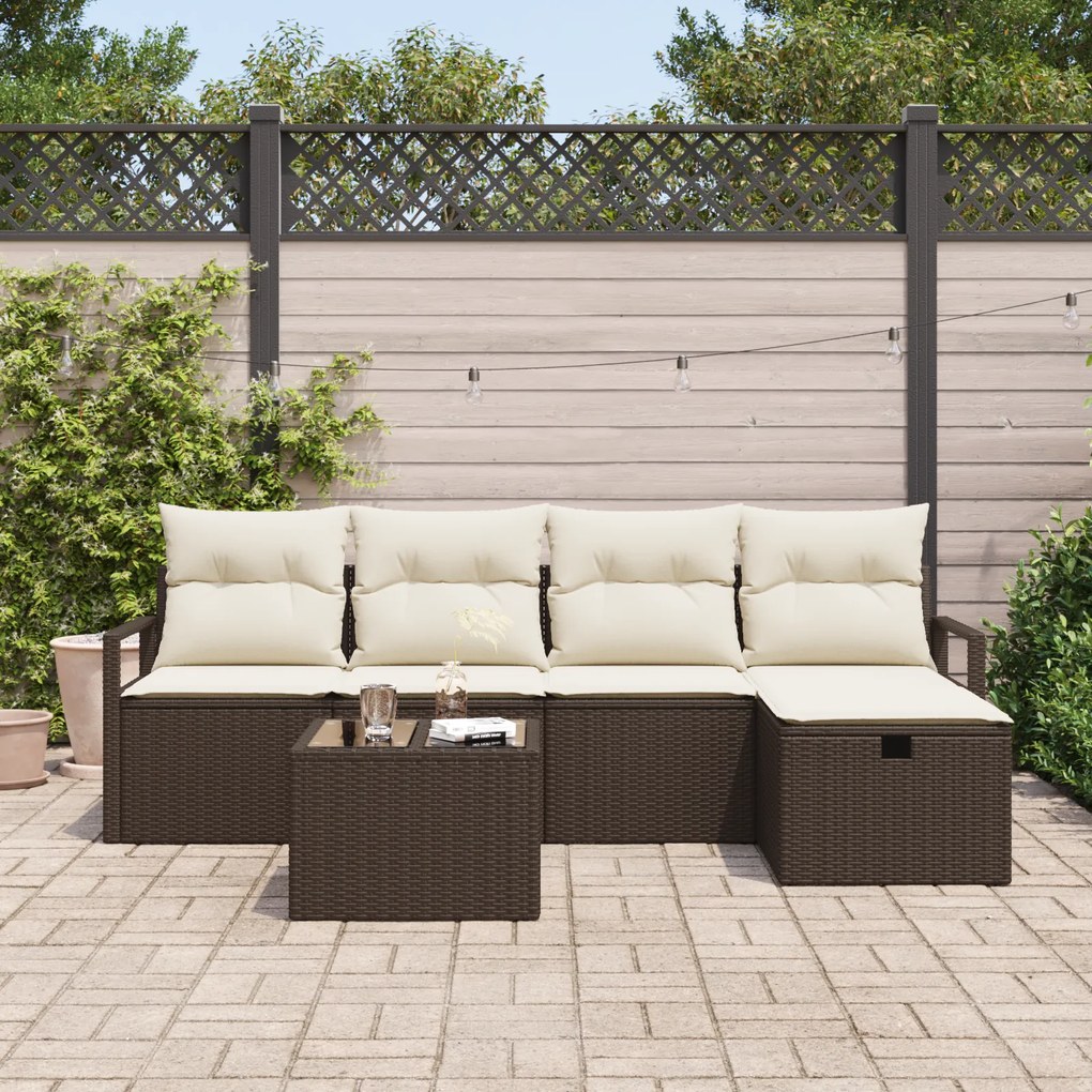 Conjunto de Sofá de Jardim de 6 Peças com Almofadas Castanho Rattan Po