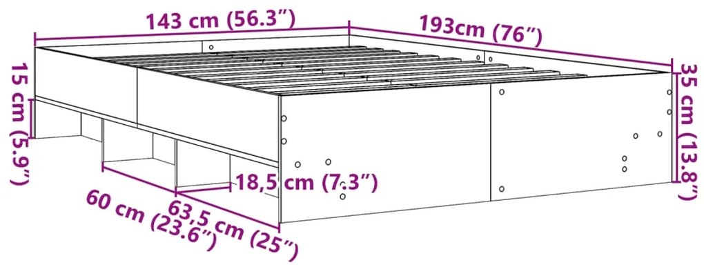 Estrutura cama 140x190 cm derivados de madeira cinzento sonoma