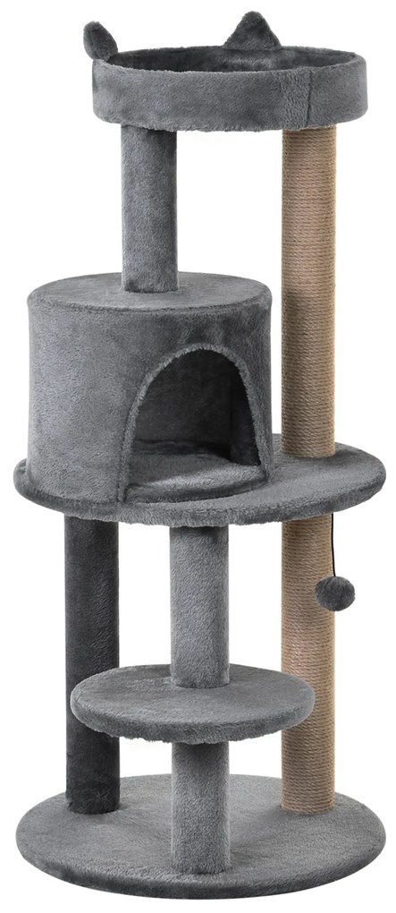 PawHut Árvore Arranhador para Gatos com Plataforma Caverna Postes de Sisal e Bola Suspensa 48x48x104 cm Cinza