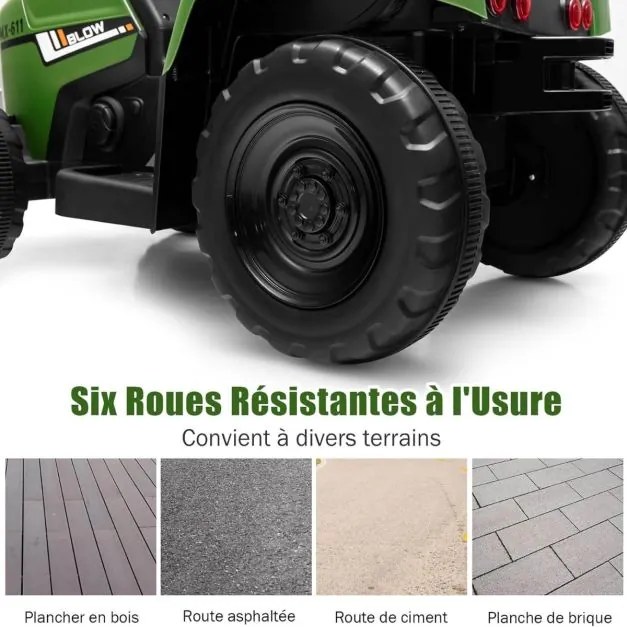 Trator elétrico infantil com reboque, 3 velocidades, luzes LED, música USB, Bluetooth e controle 2.4G, carga de 30 kg, verde militar