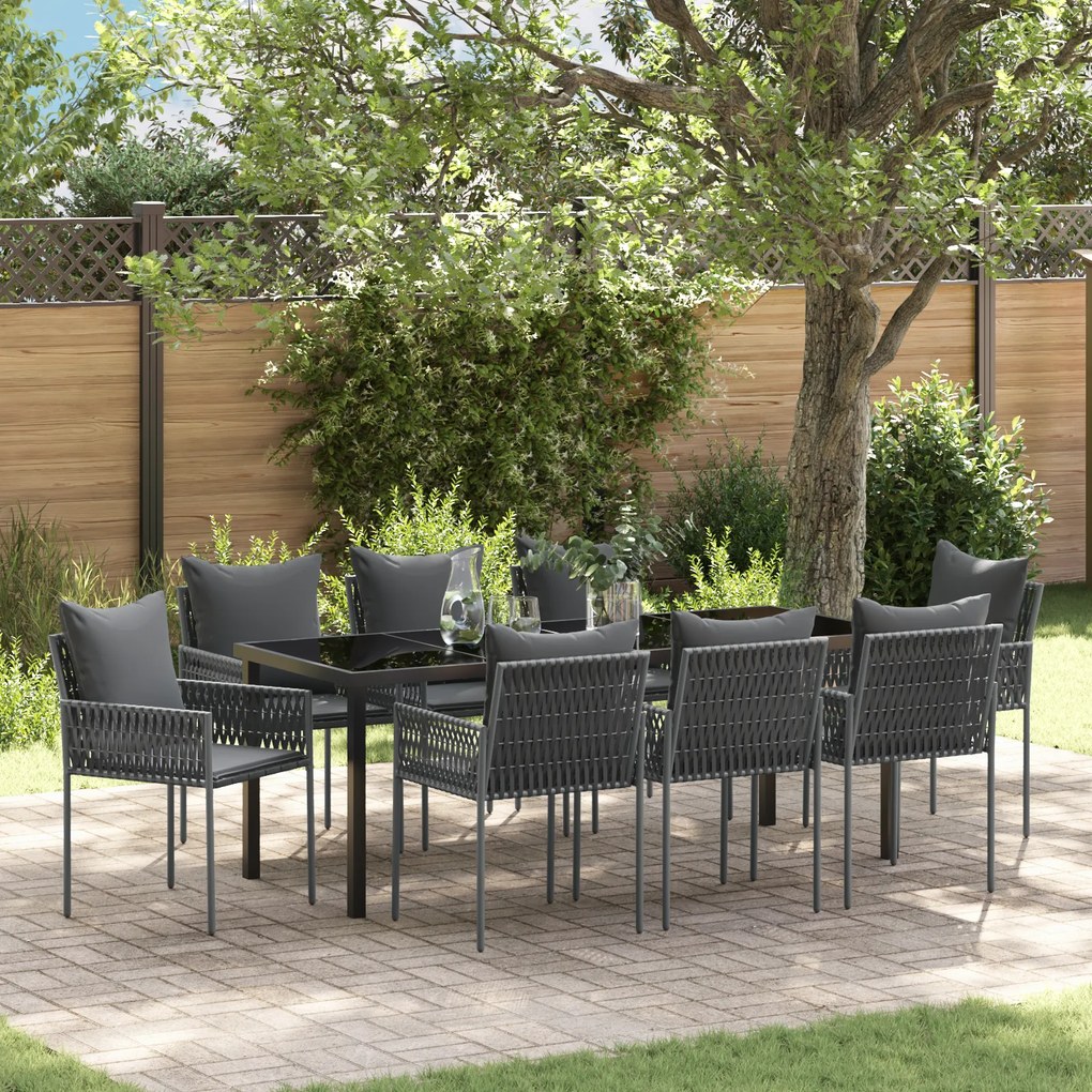 vidaXL Conjunto de Jantar de Jardim de 9 Peças com Almofadas em Rattan Preto