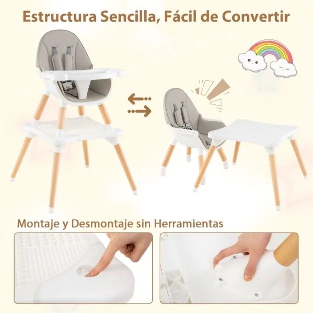 Cadeira refeição para bebés e crianças, conversível 6 em 1 tabuleiro removível cinza e branco
