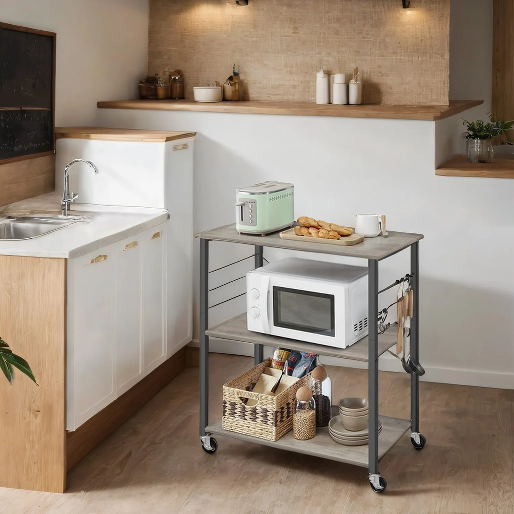 Carrinho de cozinha com 3 prateleiras e rodas 40 x 80 x 89 cm, cinza mesclado com preto
