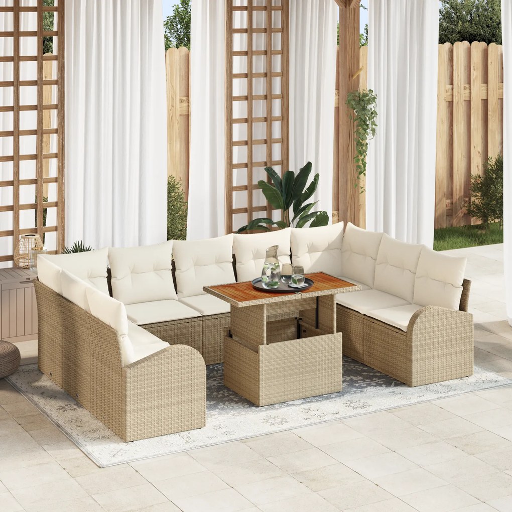 Conjunto de Sofá de Jardim de 10 Peças com Almofadas Bege Poly Rattan