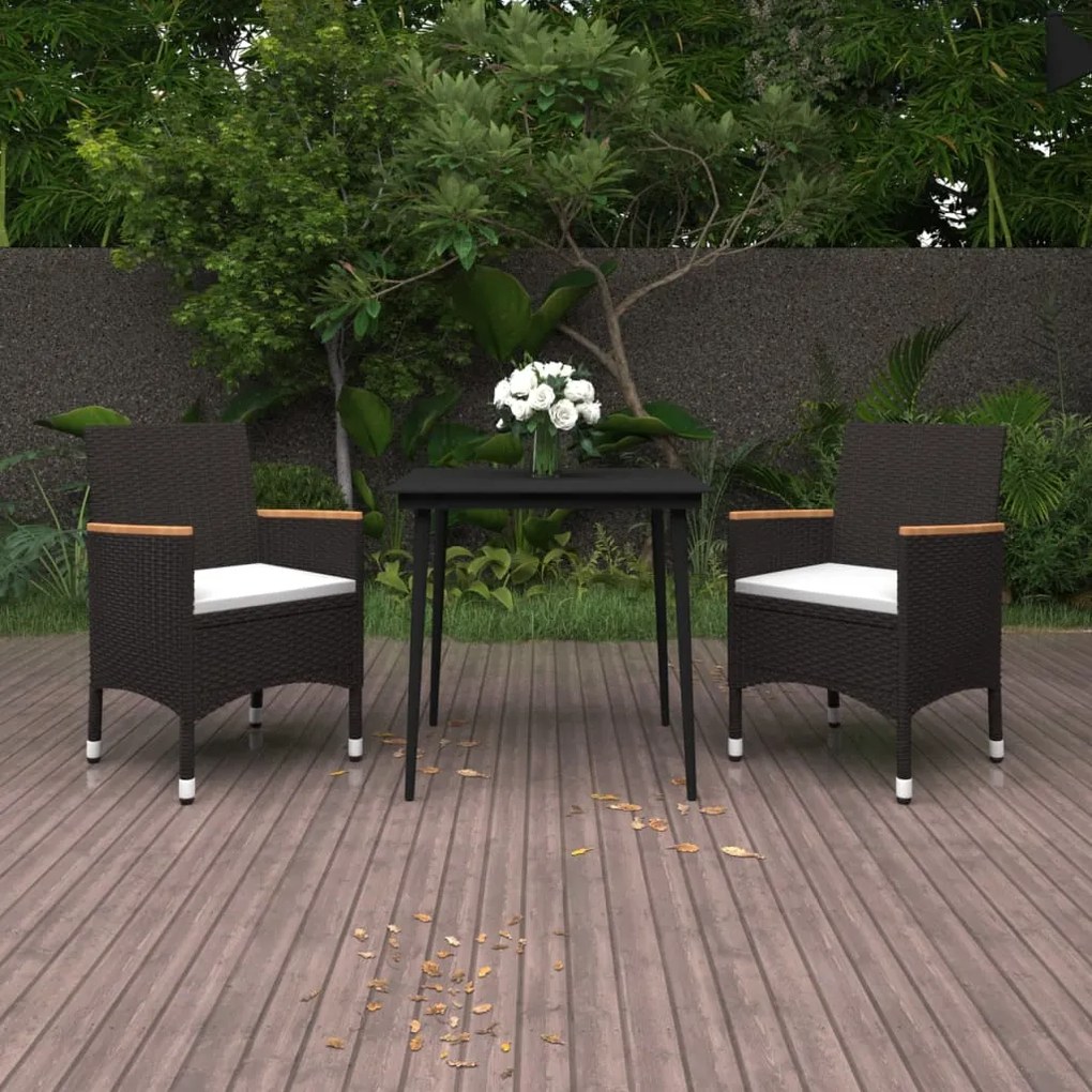vidaXL 3 pcs conjunto de jantar p/ jardim c/ almofadões vime PE/vidro
