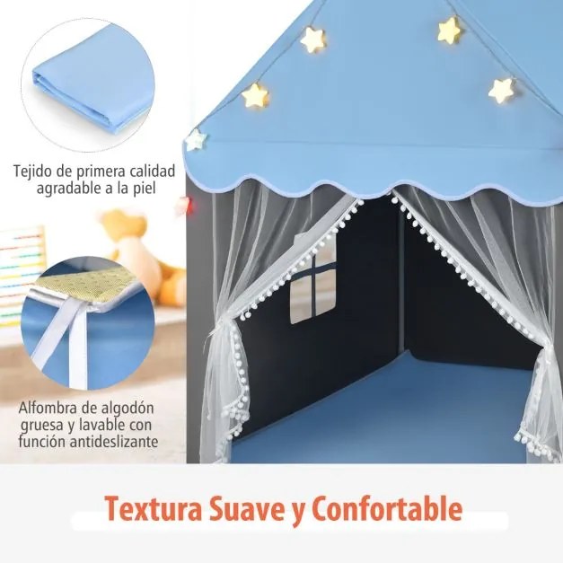 Tenda para crianças com tapete lavável Castelo de fadas com luzes Janelas 105 x 121 x 136 cm Azul