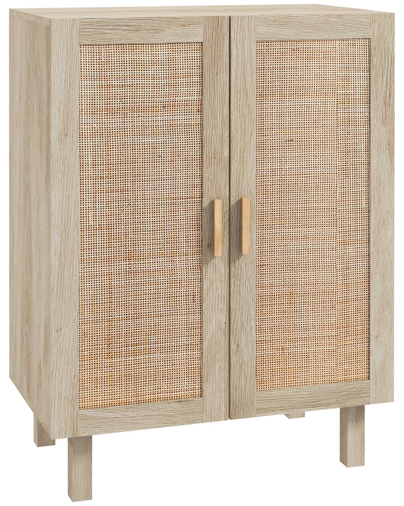 Aparador com 2 Portas de Rede e Prateleiras Ajustáveis Armário Estilo Cannage Anti-Tombo 73x41x102 cm Madeira