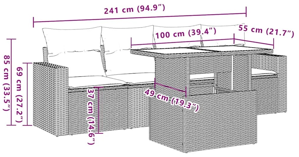 5 pcs conjunto de sofás p/ jardim com almofadões vime PE bege