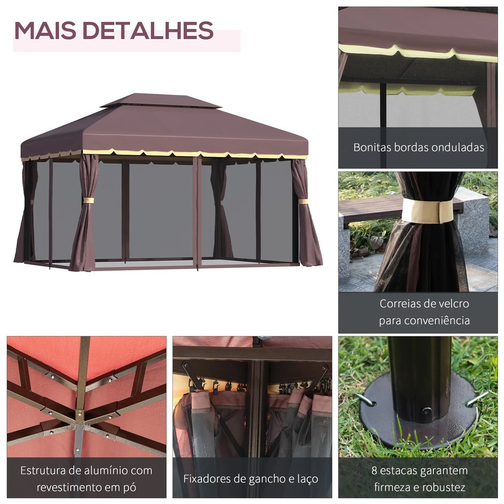 Pérgola de Jardim 3,9x2,9m de Alumínio com Teto de Ventilação 4 Cortinas Laterais Tela Mosquiteira e 8 Orifícios de Drenagem para Exterior Pátio Festa
