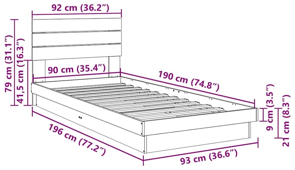 Estrutura cama cabeceira sem colchão 90x190 cm maciça carvalho