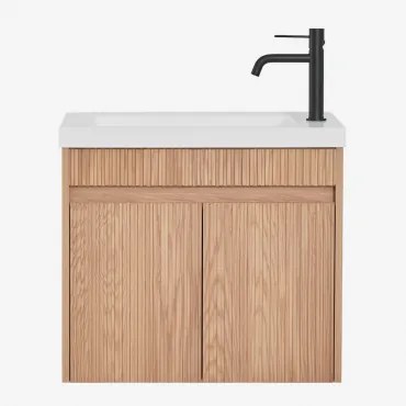 Conjunto De Móvel De Casa De Banho Suspenso Em Madeira Com Lavatório Integrado Narek Castanho Fresno & Sem Espelho & Preto Mate, 20 - Sklum