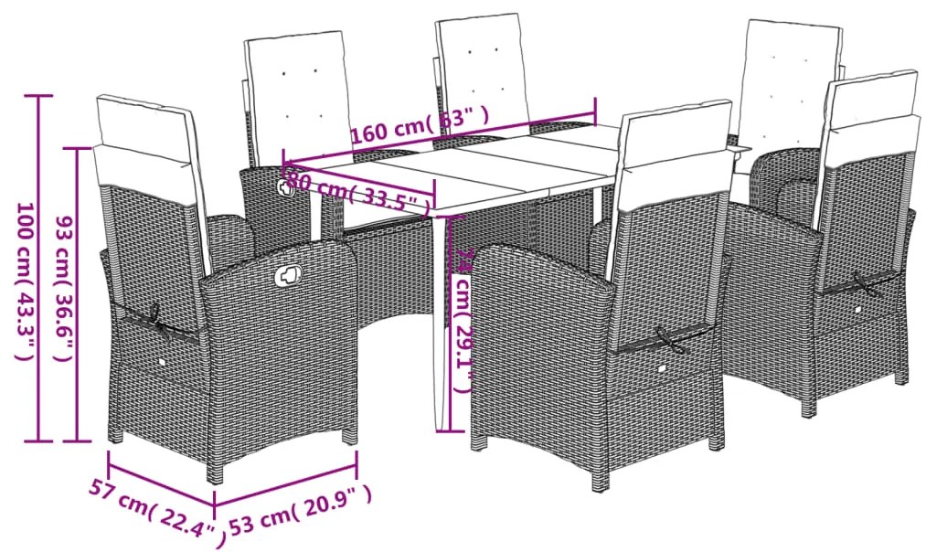 7 pcs conj. jantar p/ jardim c/ almofadões vime PE cinza-claro