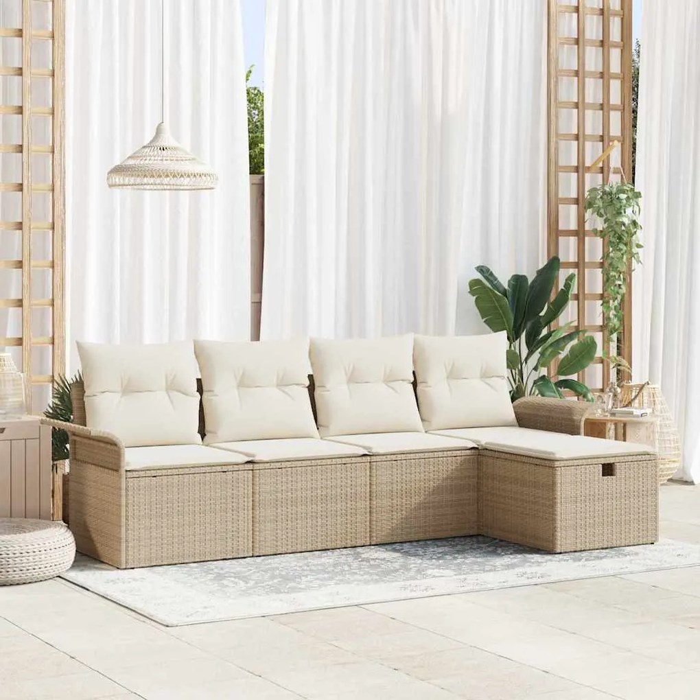 Conjunto de Sofá de Jardim de 5 Peças com Almofadas Bege Rattan Sintét