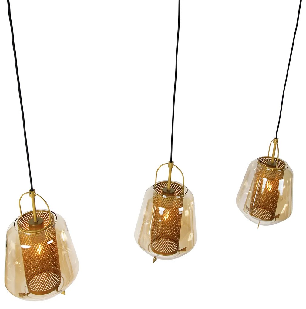 Candeeiro de suspensão dourado com vidro âmbar 23 cm oblongo 3-luzes - Kevin Art Deco