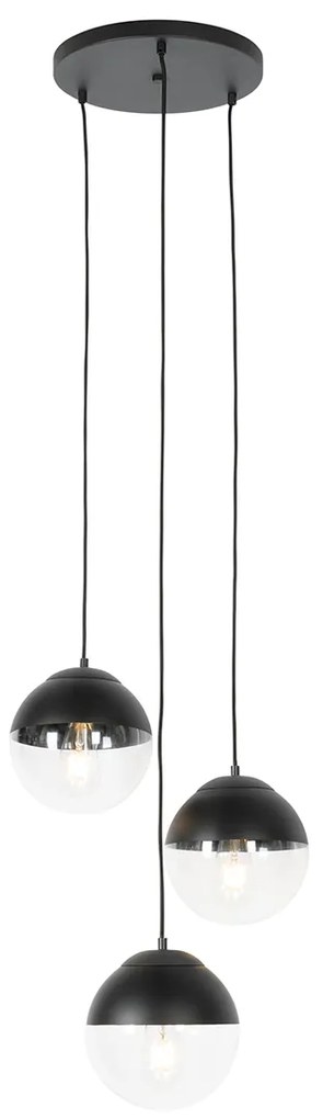 Candeeiro de suspensão retro preto com vidro transparente redondo 3-luzes - Eclipse
