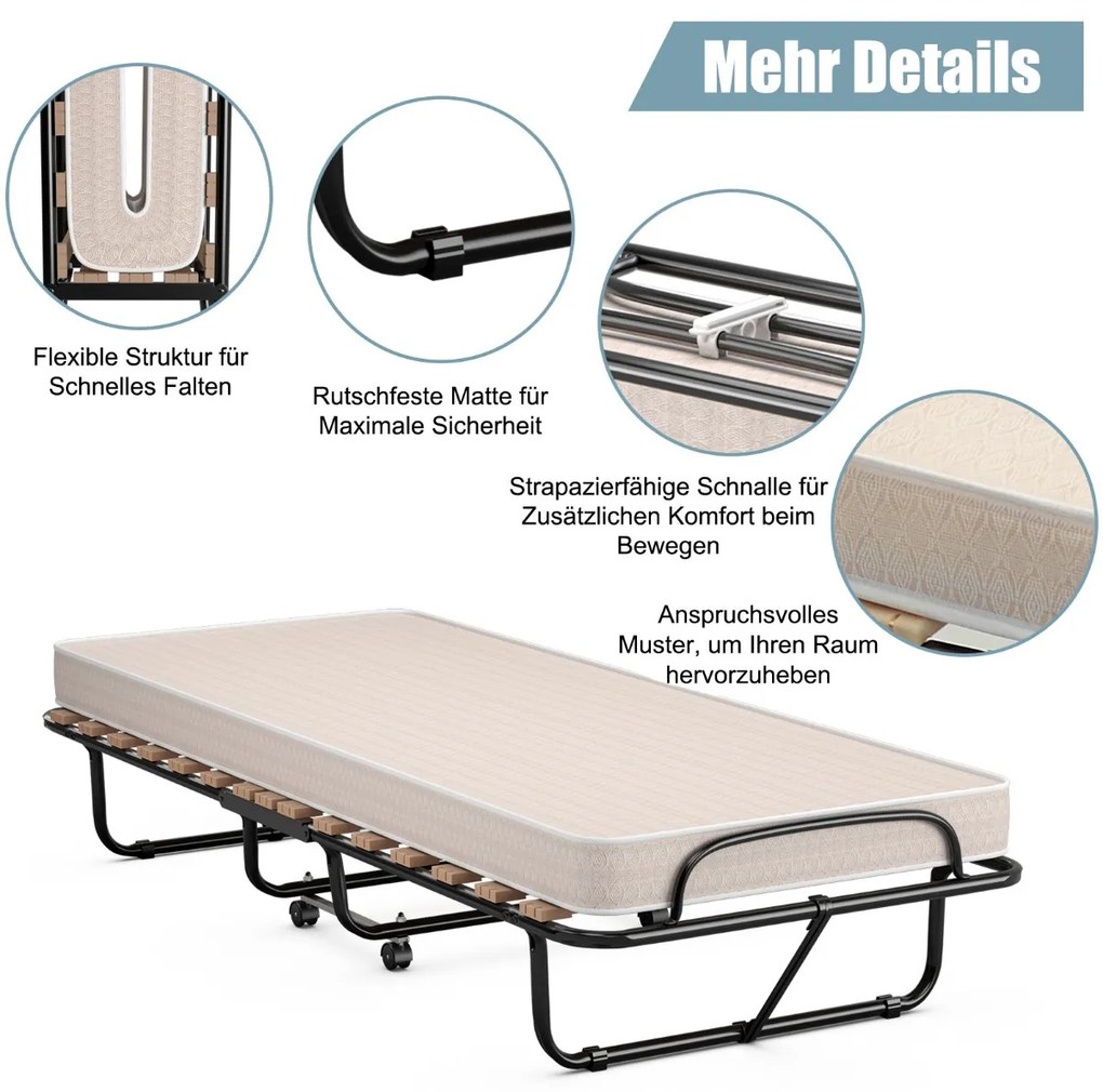 Cama dobrável com colchão Cama de hóspedes portátil e enrolável 190 x 80 x 33 cm Cinza Fabricado na Itália Origem: Itália