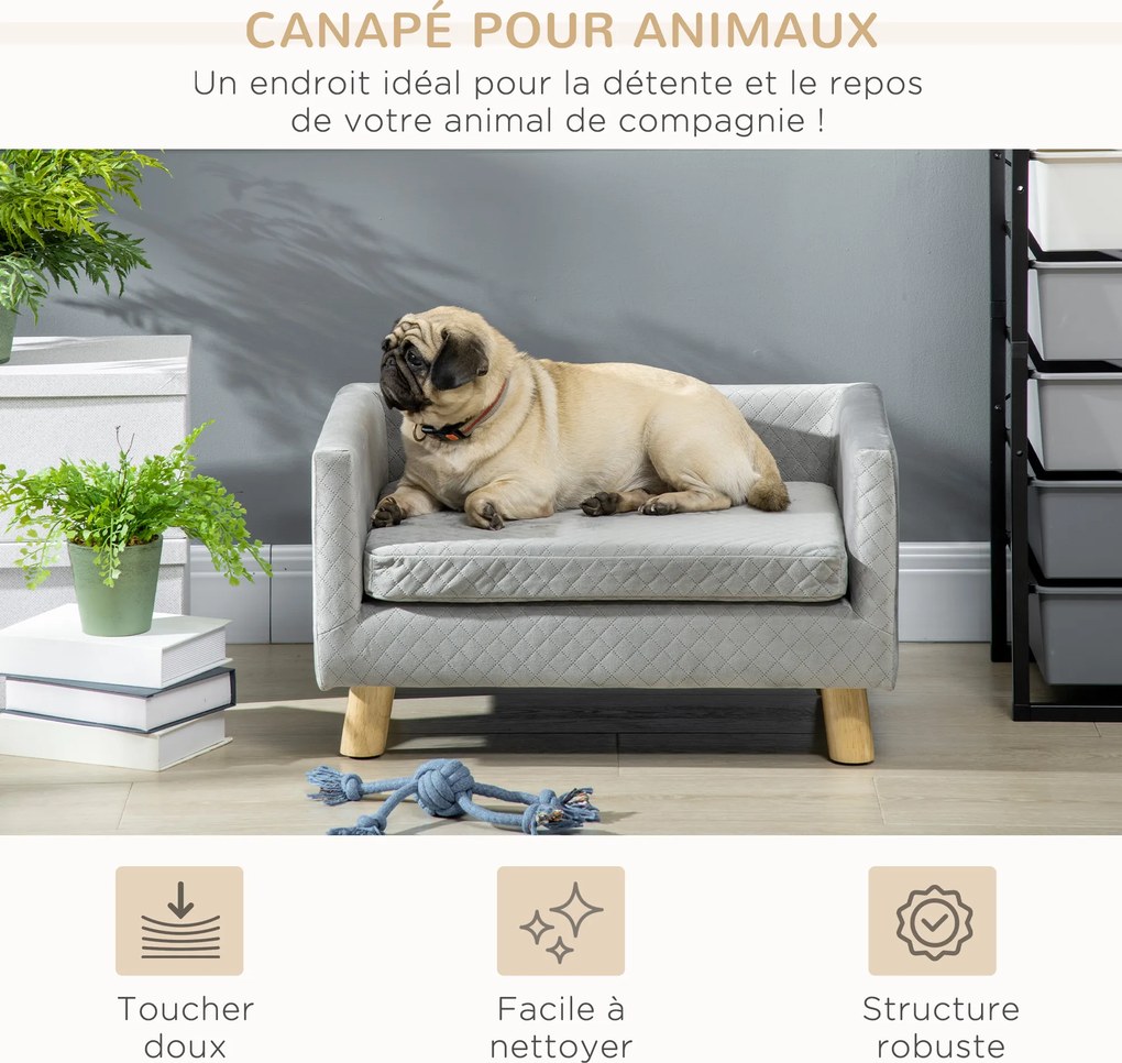 Sofá-cama para cães com design escandinavo, almofada macia e pés em madeira maciça 64 x 45 x 36 cm veludo cinzento