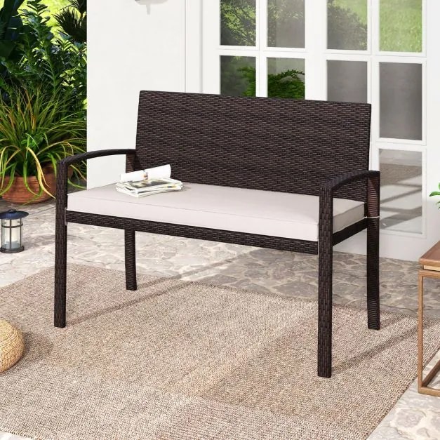 Banco jardim de vime para 2 pessoas 10 x 56 x 84 cm com almofada acolchoada, assento macio, encosto e apoios para os braços - castanho e brancoi