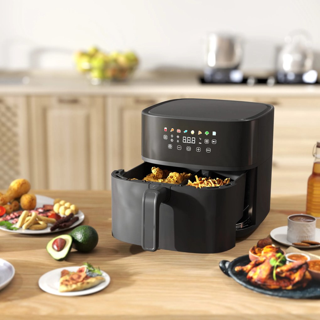 Fritadeira sem Óleo 8 L Air Fryer 1700 W com Temperatura Regulável 80-200°C 8 Programas Painel Tátil Temporizador 32,5x41x32 cm Preto